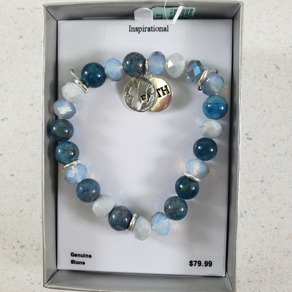Genuine Stone BLUE STONE FAITH & CROSS HEART Charm Stretch Bracelet New in Box - Picture 1 of 9